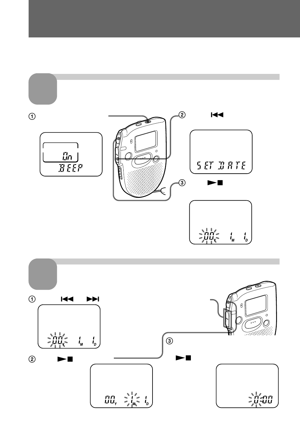 Step 2: setting the clock, Display the clock setting display. set the date | Sony ICD-57 User Manual | Page 8 / 36