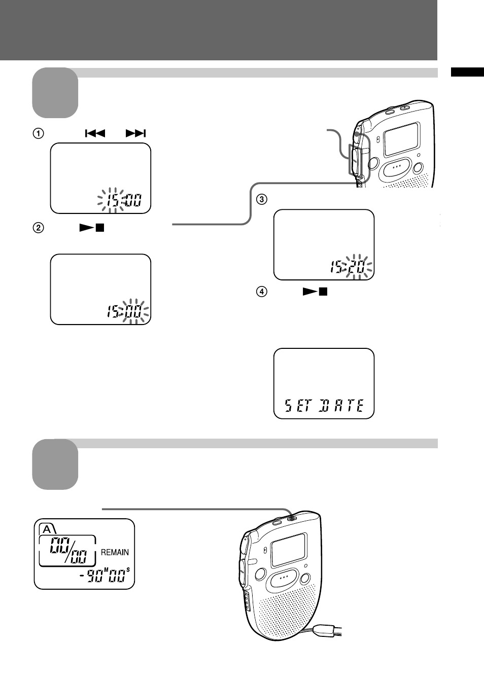 Set the time. exit from the menu mode | Sony ICD-57 User Manual | Page 9 / 36