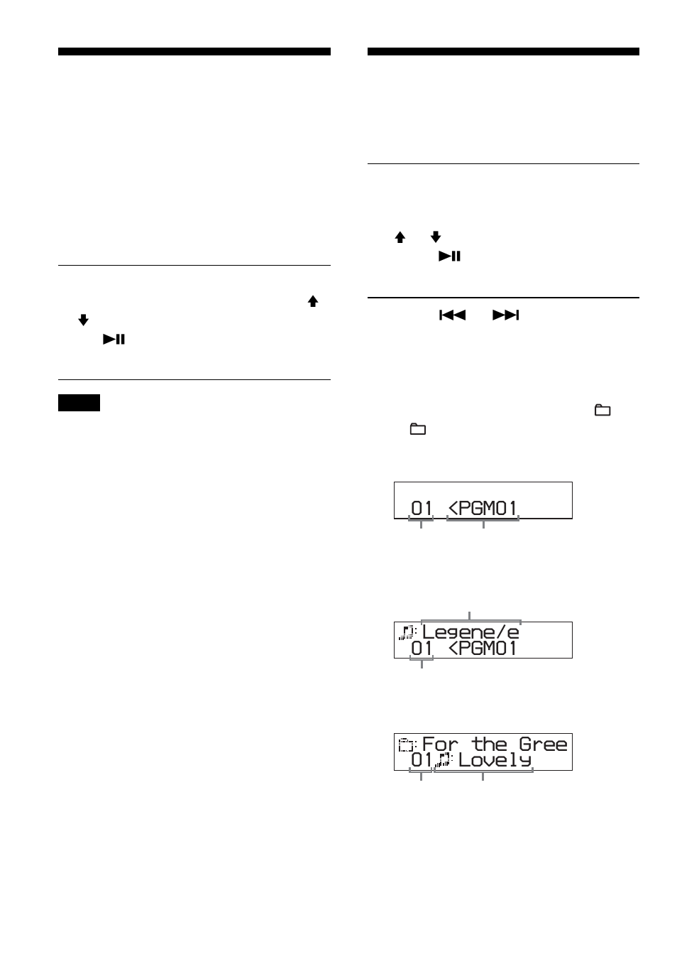 Playing tracks in your favorite order (pgm play), Playing tracks you have played most, Playing tracks in your favorite order | Pgm play), 01 <pgm01, 01 <pgm01 legene/e, 01 lovely for the gree | Sony D-NE301 User Manual | Page 20 / 36