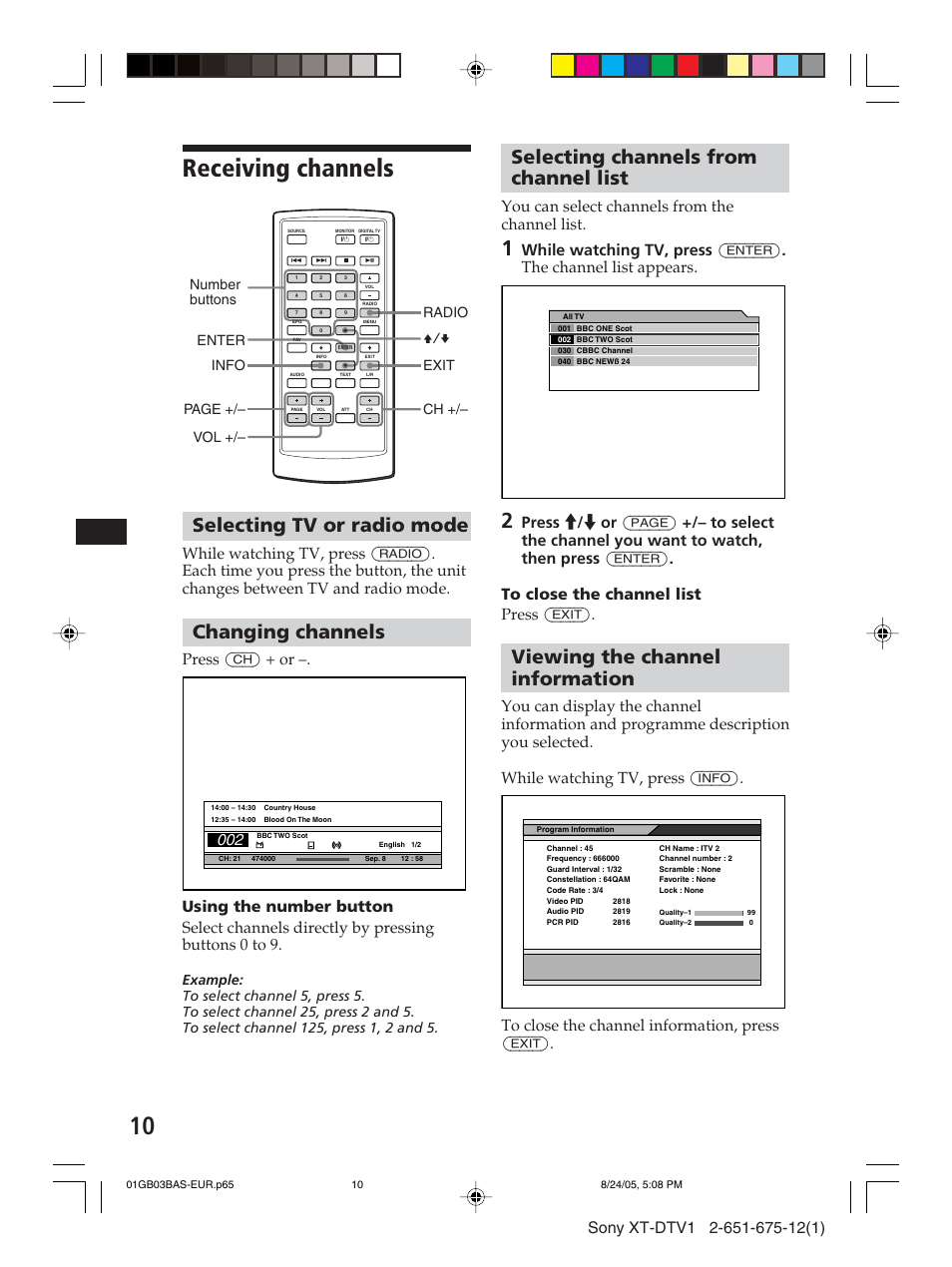 Receiving channels, Selecting tv or radio mode, Changing channels | Selecting channels from channel list, Viewing the channel information, Press (ch) + or, You can select channels from the channel list, Radio exit ch +/– v/v enter info vol +/– page, Number buttons | Sony XT-DTV1 User Manual | Page 10 / 123