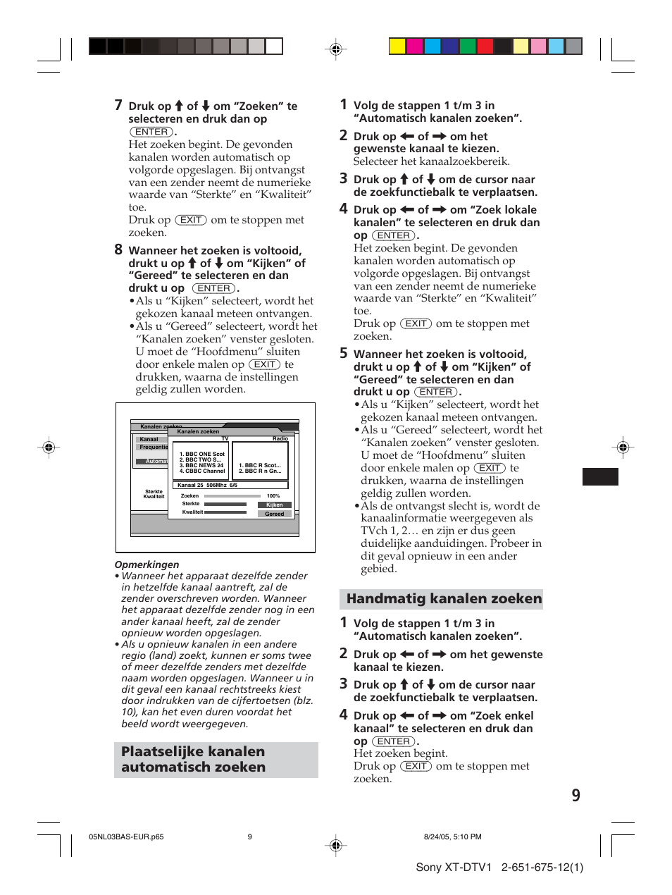 Plaatselijke kanalen automatisch zoeken, Handmatig kanalen zoeken | Sony XT-DTV1 User Manual | Page 105 / 123