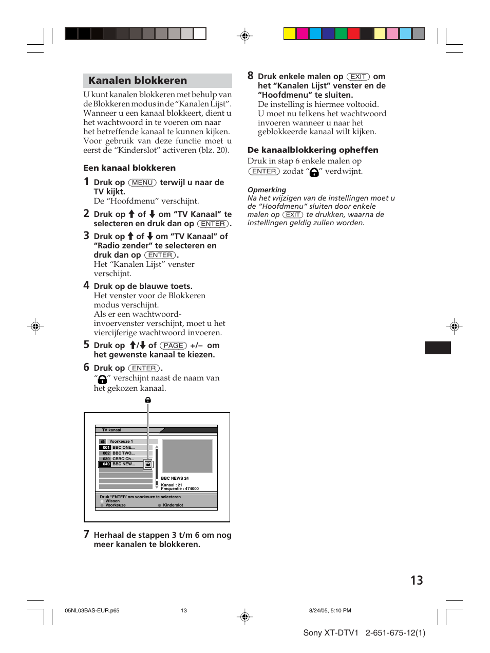 Kanalen blokkeren | Sony XT-DTV1 User Manual | Page 109 / 123
