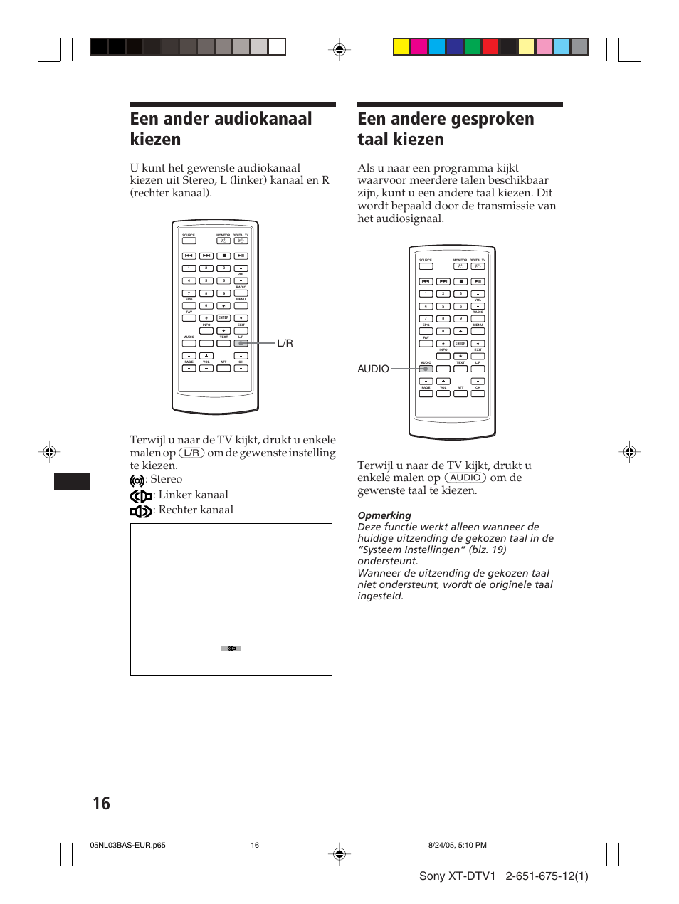 Een ander audiokanaal kiezen, Een andere gesproken taal kiezen, Audio | Sony XT-DTV1 User Manual | Page 112 / 123