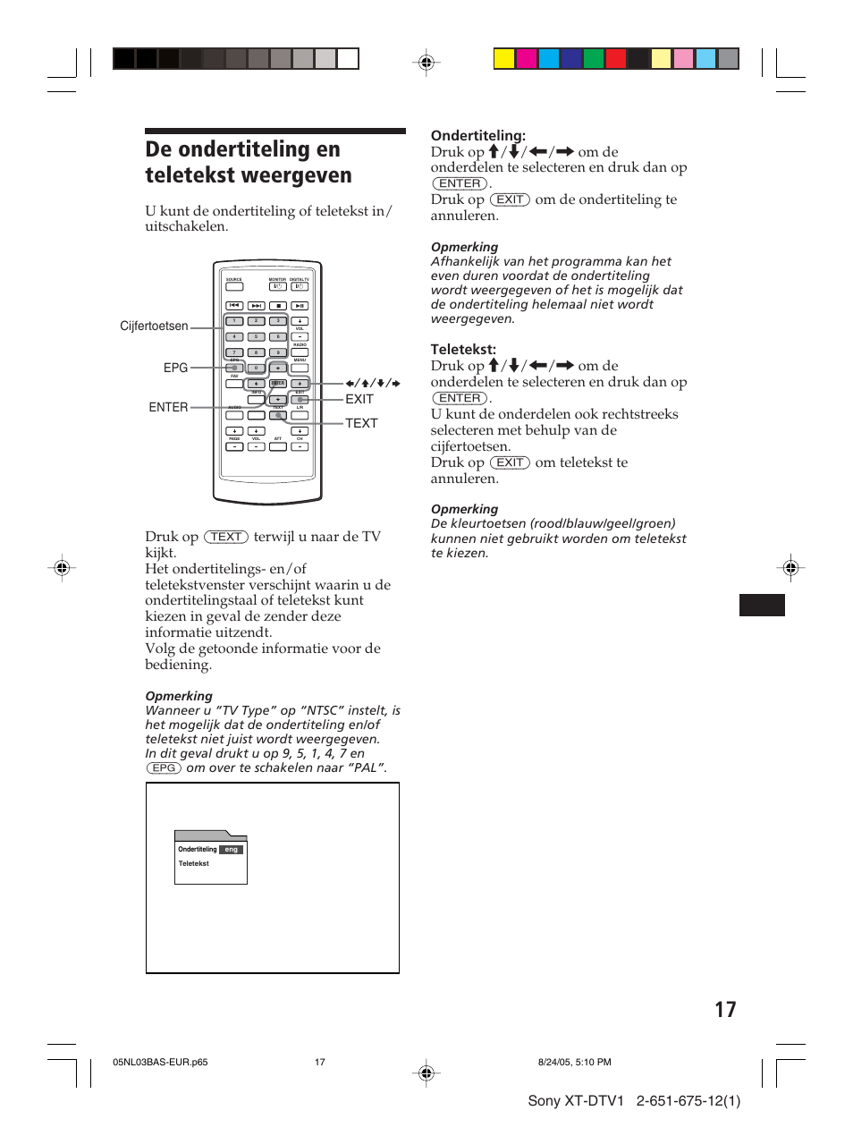 De ondertiteling en teletekst weergeven, Text enter b/v/v/b epg exit, Cijfertoetsen | Sony XT-DTV1 User Manual | Page 113 / 123