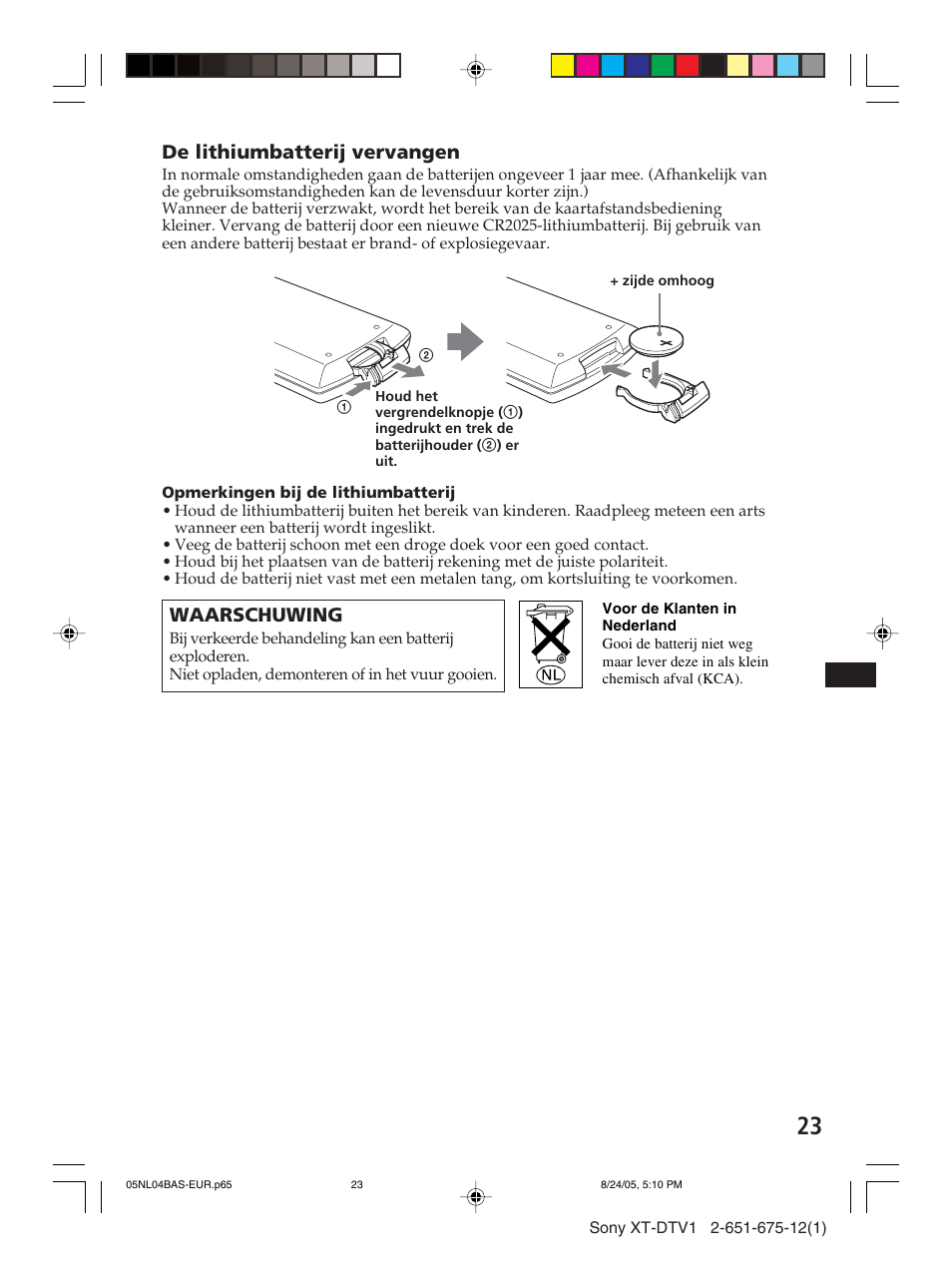 De lithiumbatterij vervangen, Waarschuwing | Sony XT-DTV1 User Manual | Page 119 / 123