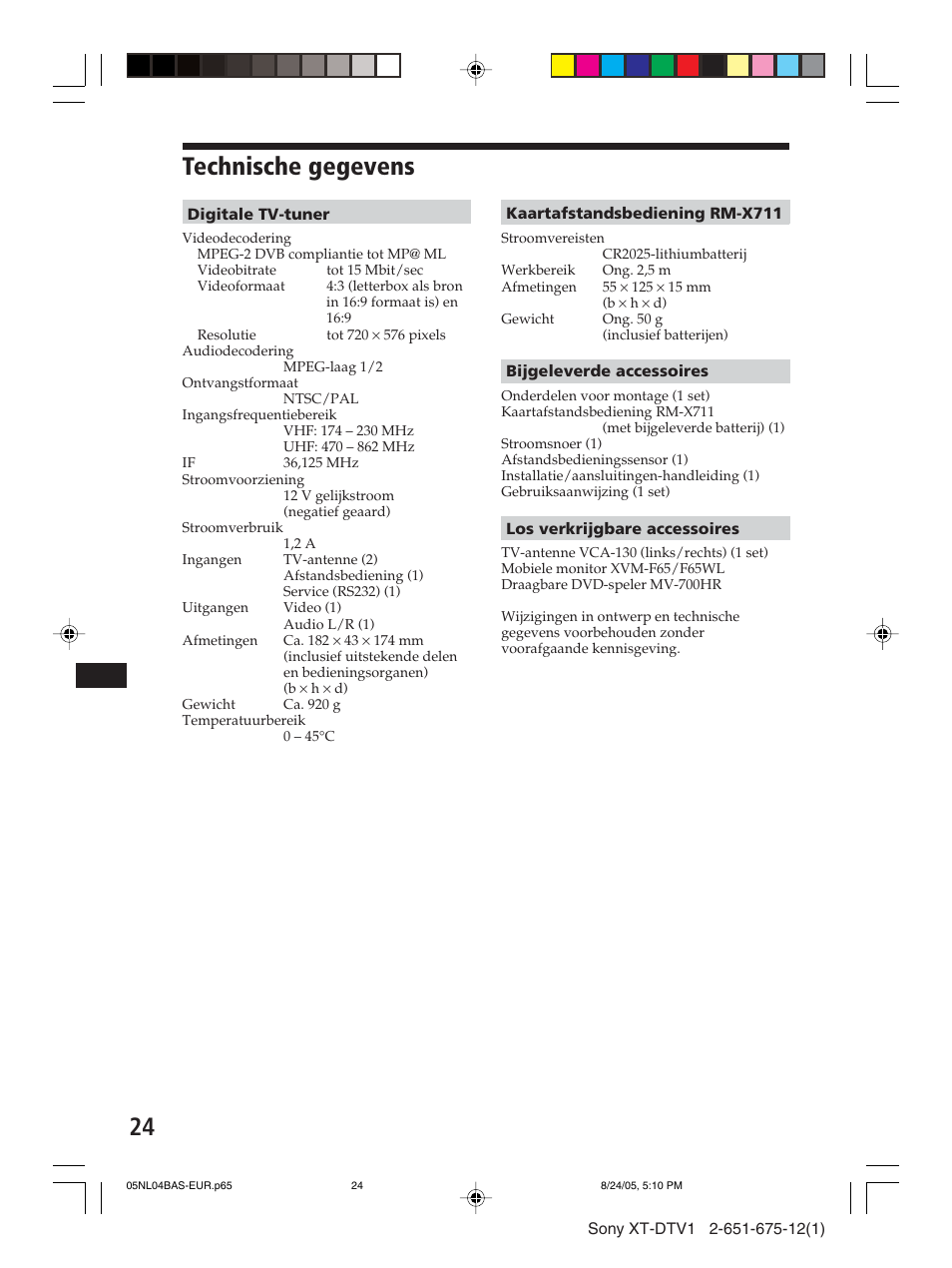 Technische gegevens | Sony XT-DTV1 User Manual | Page 120 / 123