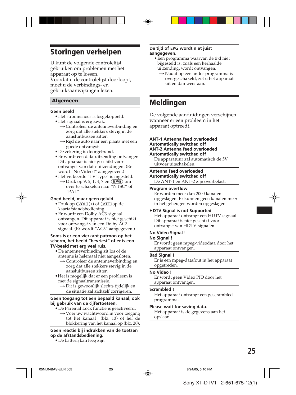 Storingen verhelpen, Meldingen | Sony XT-DTV1 User Manual | Page 121 / 123