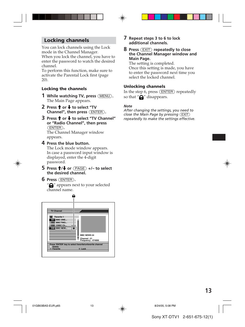 Locking channels | Sony XT-DTV1 User Manual | Page 13 / 123