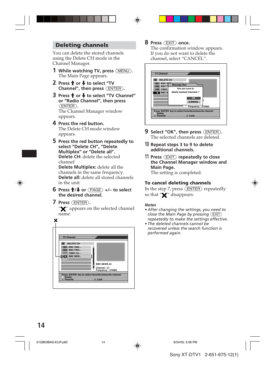 Deleting channels, Repeat steps 3 to 9 to delete additional channels | Sony XT-DTV1 User Manual | Page 14 / 123