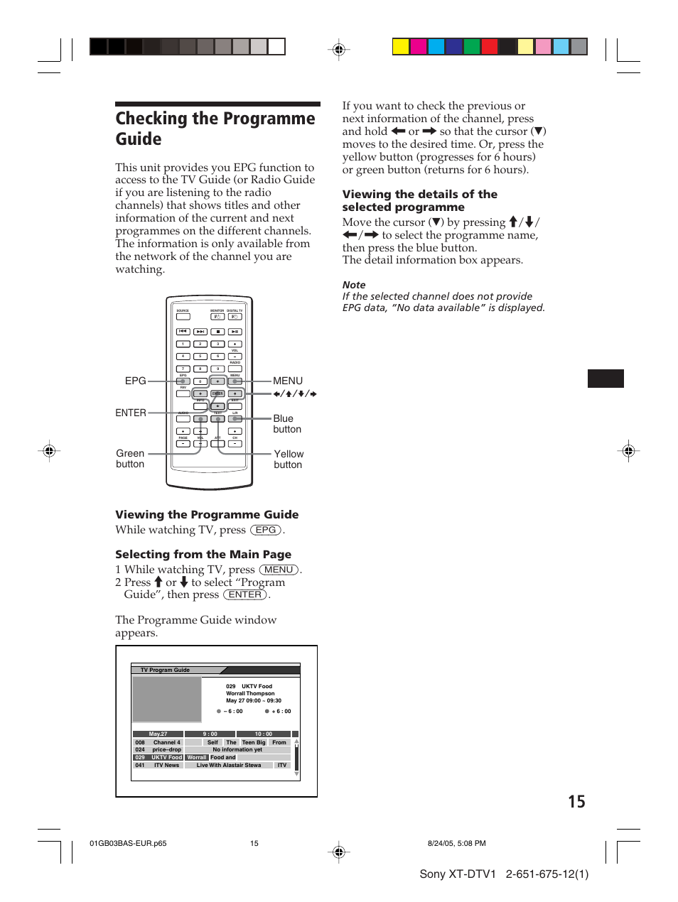 Checking the programme guide, Menu epg enter b/v/v/b | Sony XT-DTV1 User Manual | Page 15 / 123