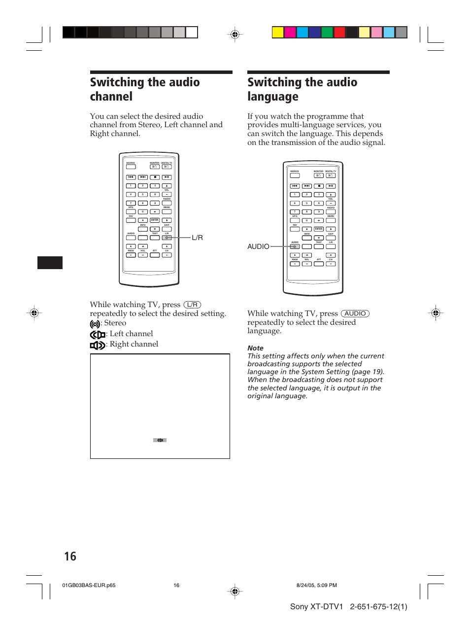 Switching the audio channel, Switching the audio language, Audio | Sony XT-DTV1 User Manual | Page 16 / 123