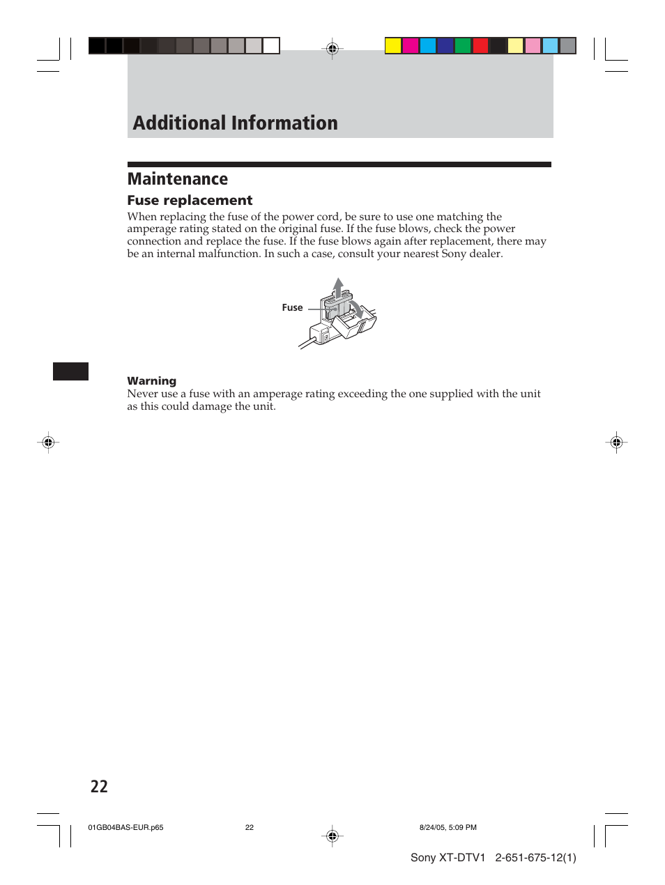 Additional information, Maintenance | Sony XT-DTV1 User Manual | Page 22 / 123