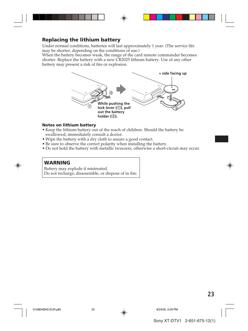 Replacing the lithium battery, Warning | Sony XT-DTV1 User Manual | Page 23 / 123