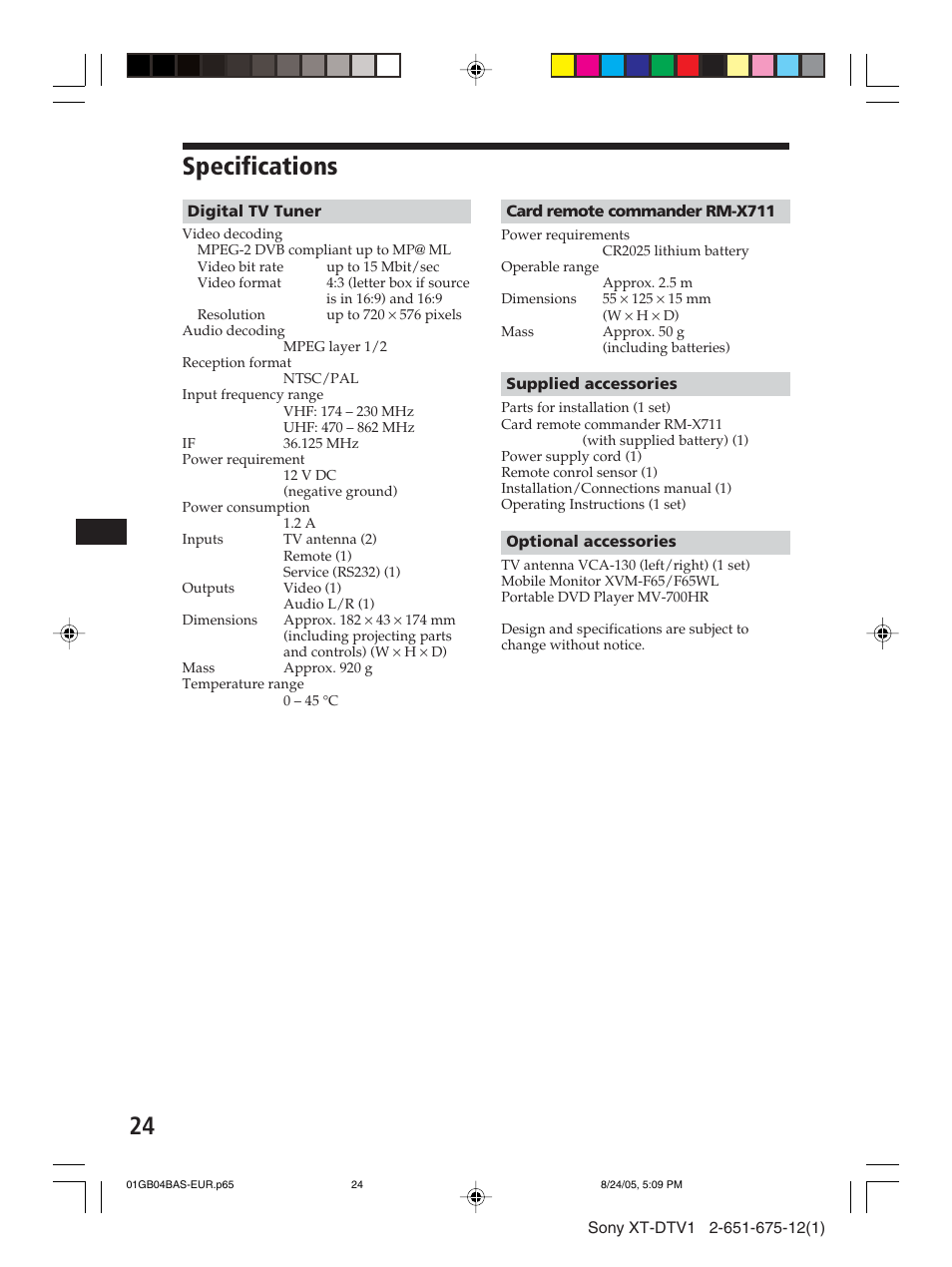Specifications | Sony XT-DTV1 User Manual | Page 24 / 123