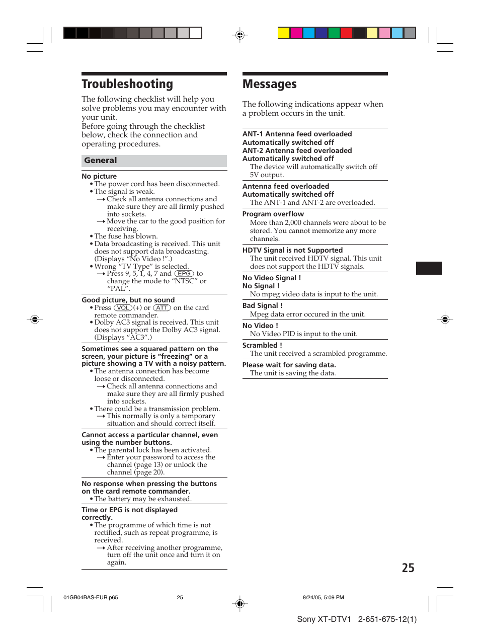 Troubleshooting, Messages | Sony XT-DTV1 User Manual | Page 25 / 123