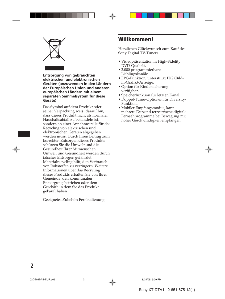 Willkommen | Sony XT-DTV1 User Manual | Page 26 / 123