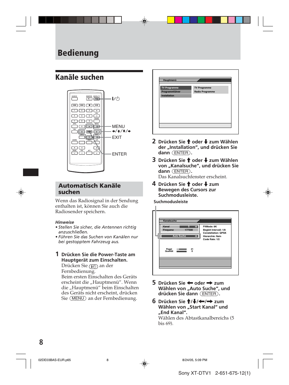 Bedienung, Kanäle suchen, Automatisch kanäle suchen | 1 menu exit enter b/v/v/b, Suchmodusleiste | Sony XT-DTV1 User Manual | Page 32 / 123