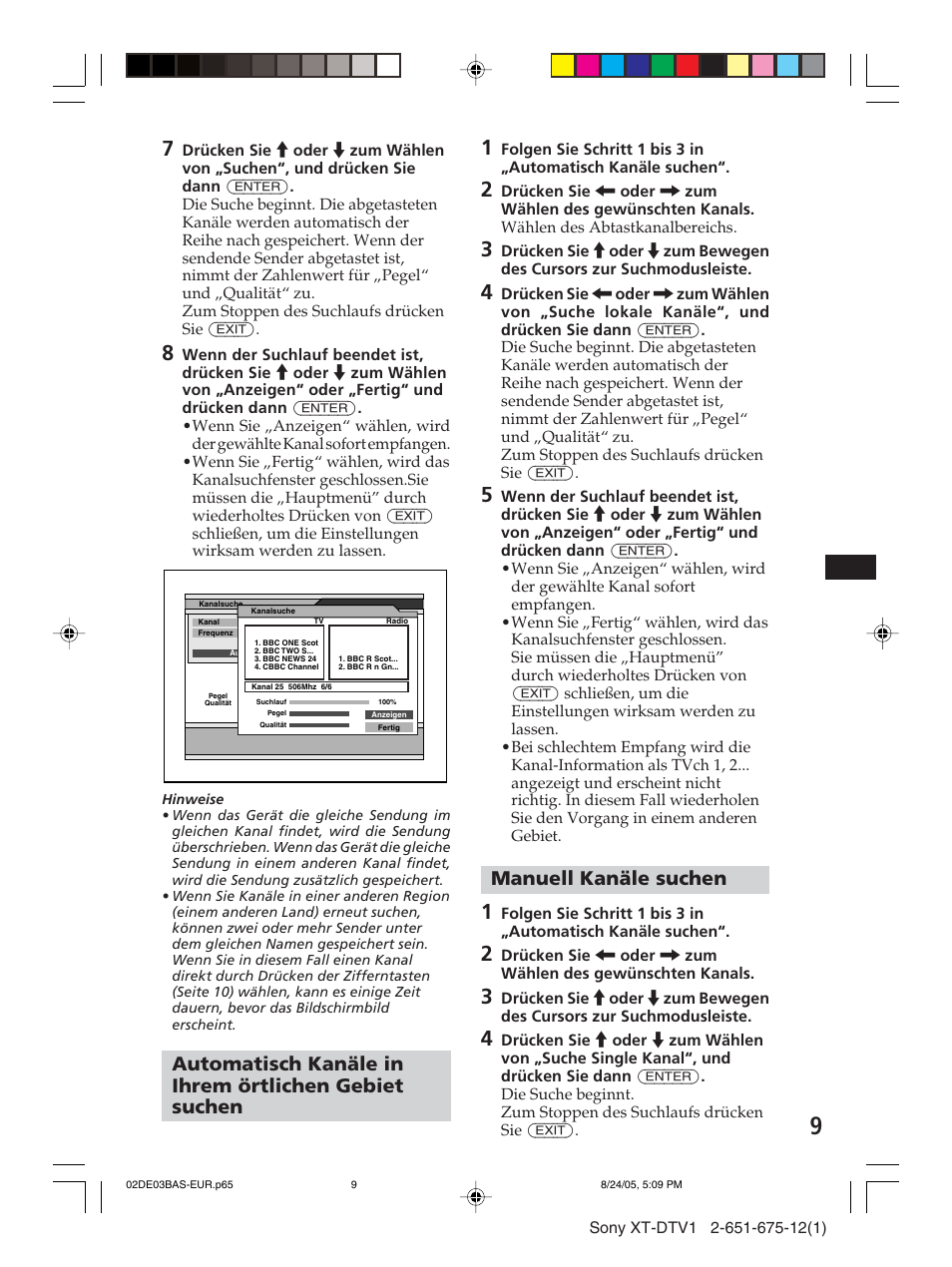 Manuell kanäle suchen | Sony XT-DTV1 User Manual | Page 33 / 123