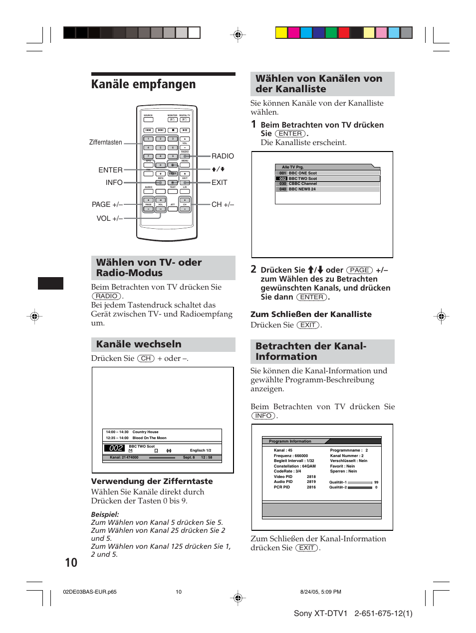Kanäle empfangen, Wählen von tv- oder radio-modus, Kanäle wechseln | Wählen von kanälen von der kanalliste, Betrachten der kanal- information, Drücken sie (ch) + oder, Sie können kanäle von der kanalliste wählen, Radio exit ch +/– v/v enter info vol +/– page, Zifferntasten | Sony XT-DTV1 User Manual | Page 34 / 123