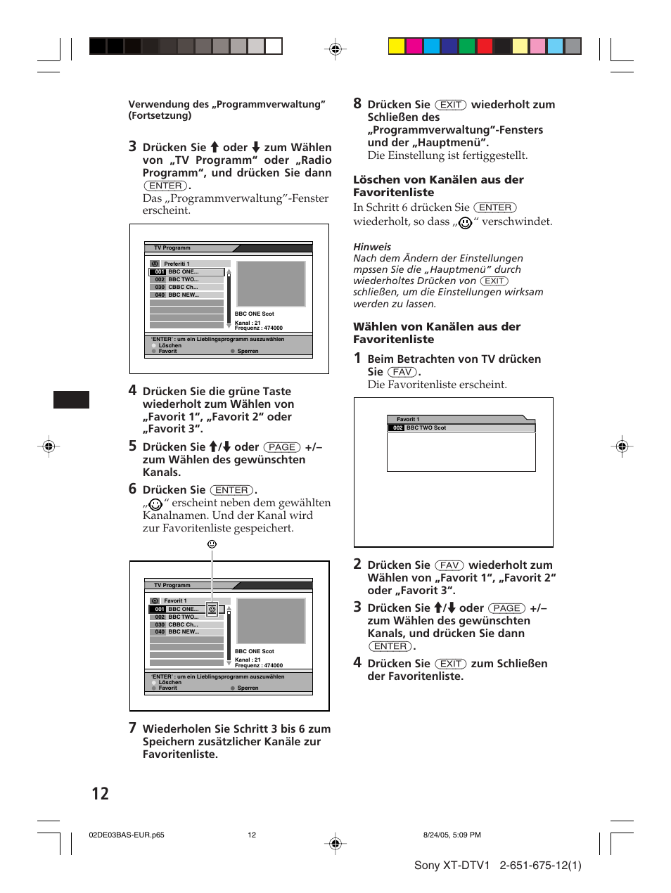 Wählen von kanälen aus der favoritenliste | Sony XT-DTV1 User Manual | Page 36 / 123