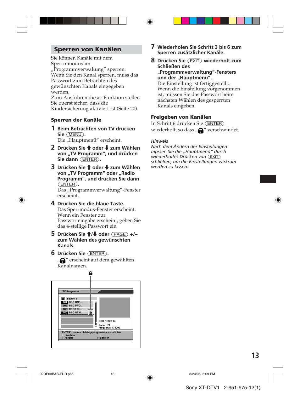 Sperren von kanälen | Sony XT-DTV1 User Manual | Page 37 / 123