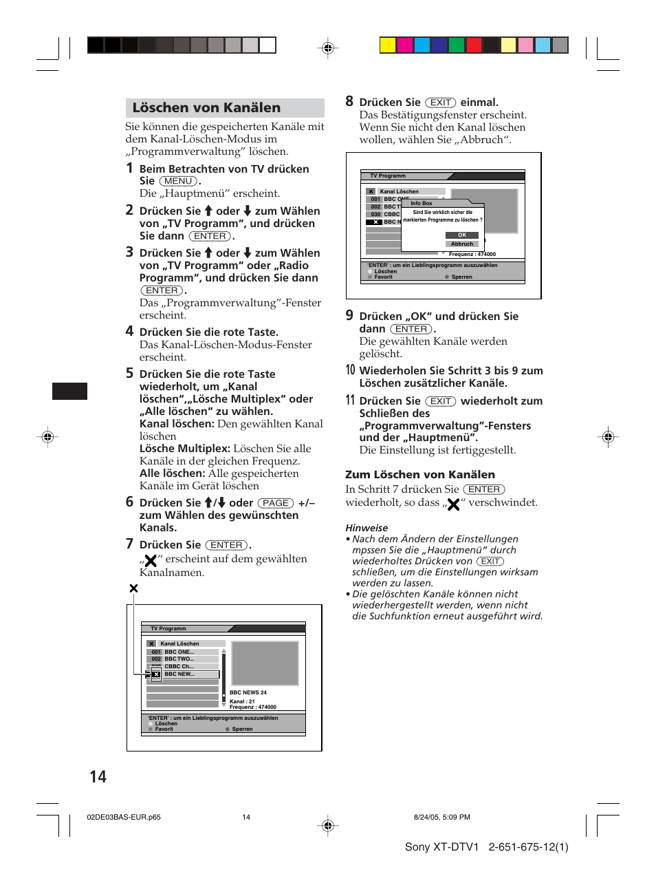 Löschen von kanälen | Sony XT-DTV1 User Manual | Page 38 / 123