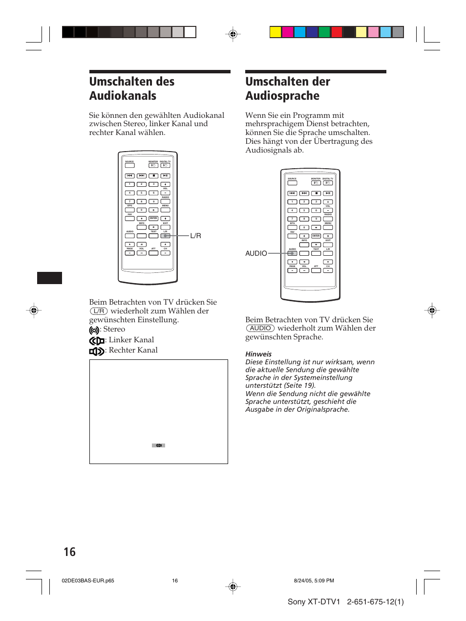 Umschalten des audiokanals, Umschalten der audiosprache, Audio | Sony XT-DTV1 User Manual | Page 40 / 123