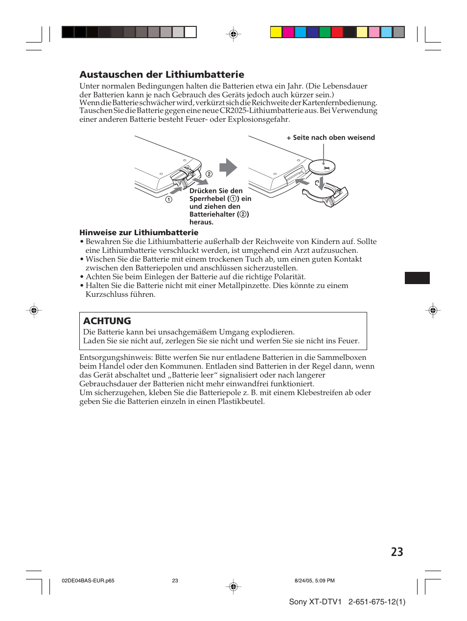 Austauschen der lithiumbatterie, Achtung | Sony XT-DTV1 User Manual | Page 47 / 123