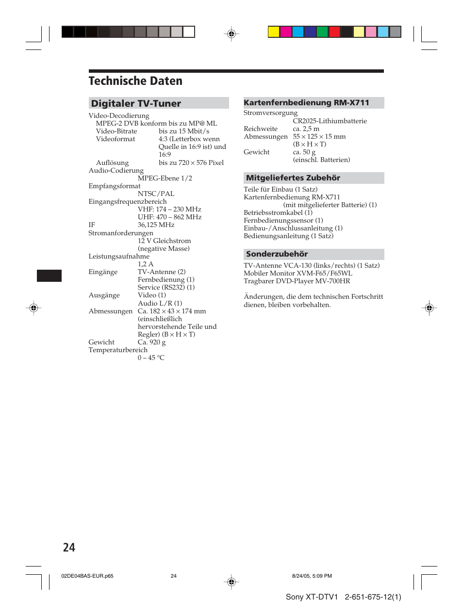 Technische daten, Digitaler tv-tuner | Sony XT-DTV1 User Manual | Page 48 / 123