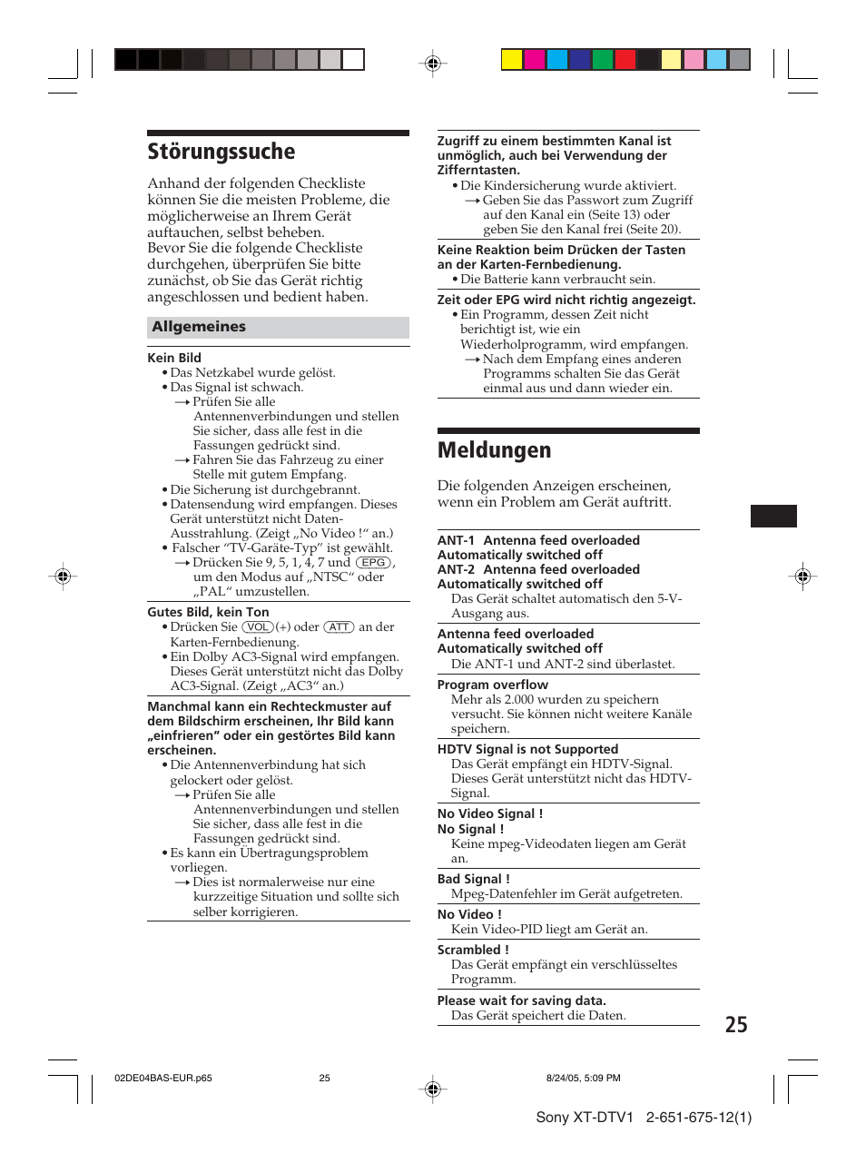 Störungssuche, Meldungen | Sony XT-DTV1 User Manual | Page 49 / 123
