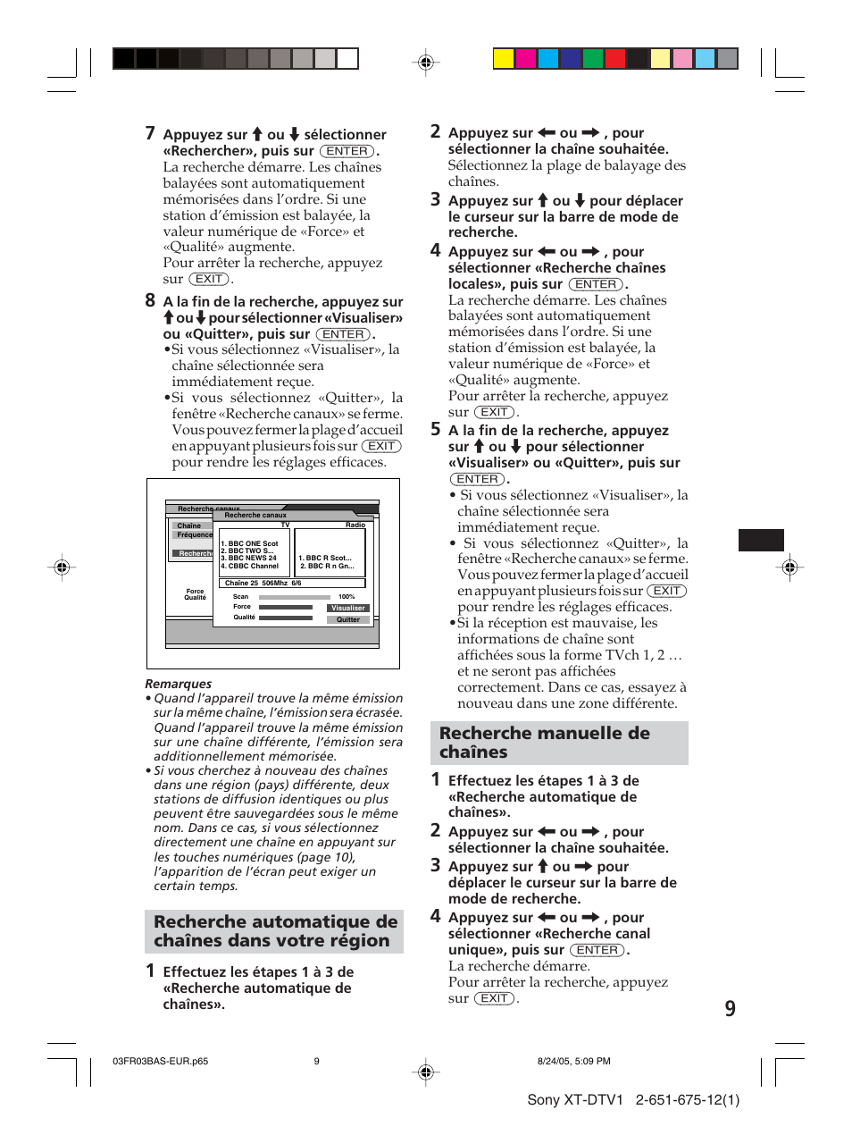 Recherche automatique de chaînes dans votre région, Recherche manuelle de chaînes | Sony XT-DTV1 User Manual | Page 57 / 123