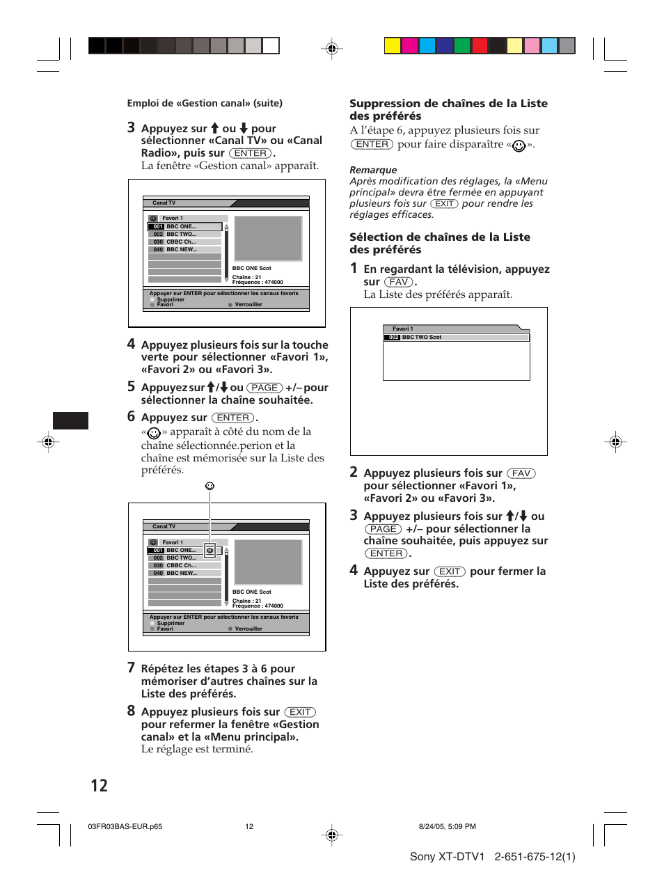 Sélection de chaînes de la liste des préférés | Sony XT-DTV1 User Manual | Page 60 / 123