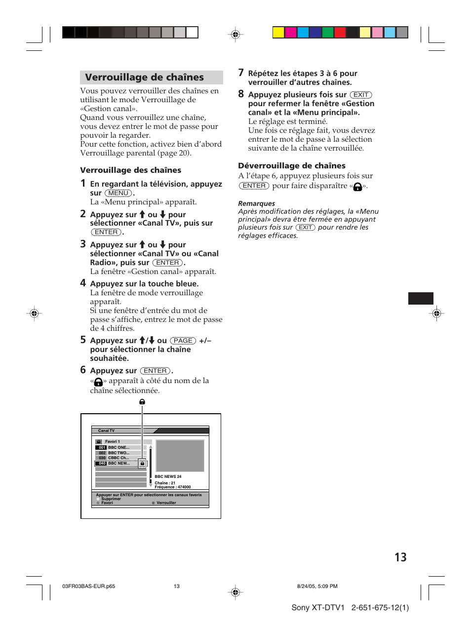 Verrouillage de chaînes | Sony XT-DTV1 User Manual | Page 61 / 123