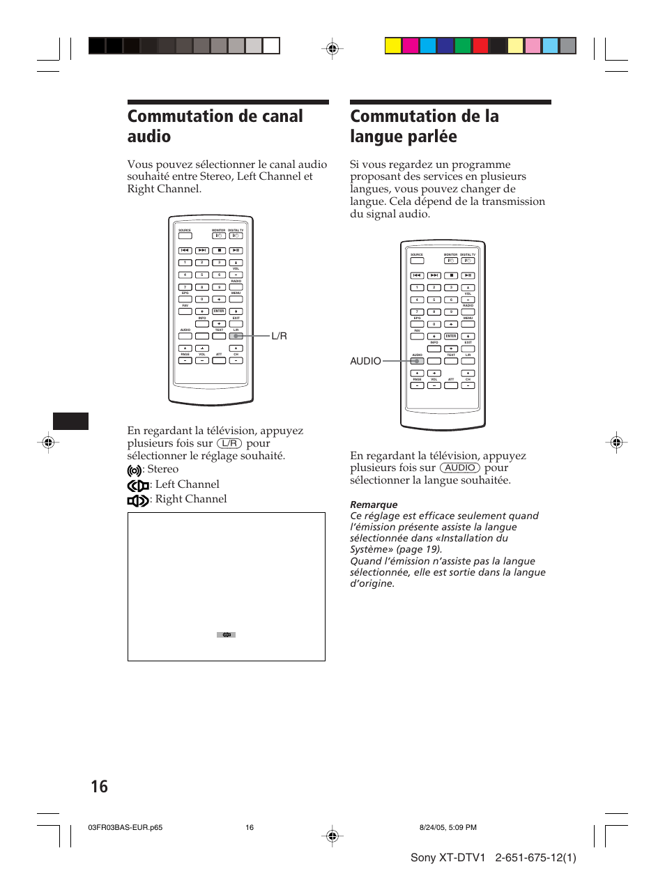Commutation de canal audio, Commutation de la langue parlée, Audio | Sony XT-DTV1 User Manual | Page 64 / 123