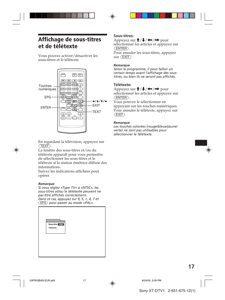 Affichage de sous-titres et de télétexte, Text enter b/v/v/b epg exit | Sony XT-DTV1 User Manual | Page 65 / 123
