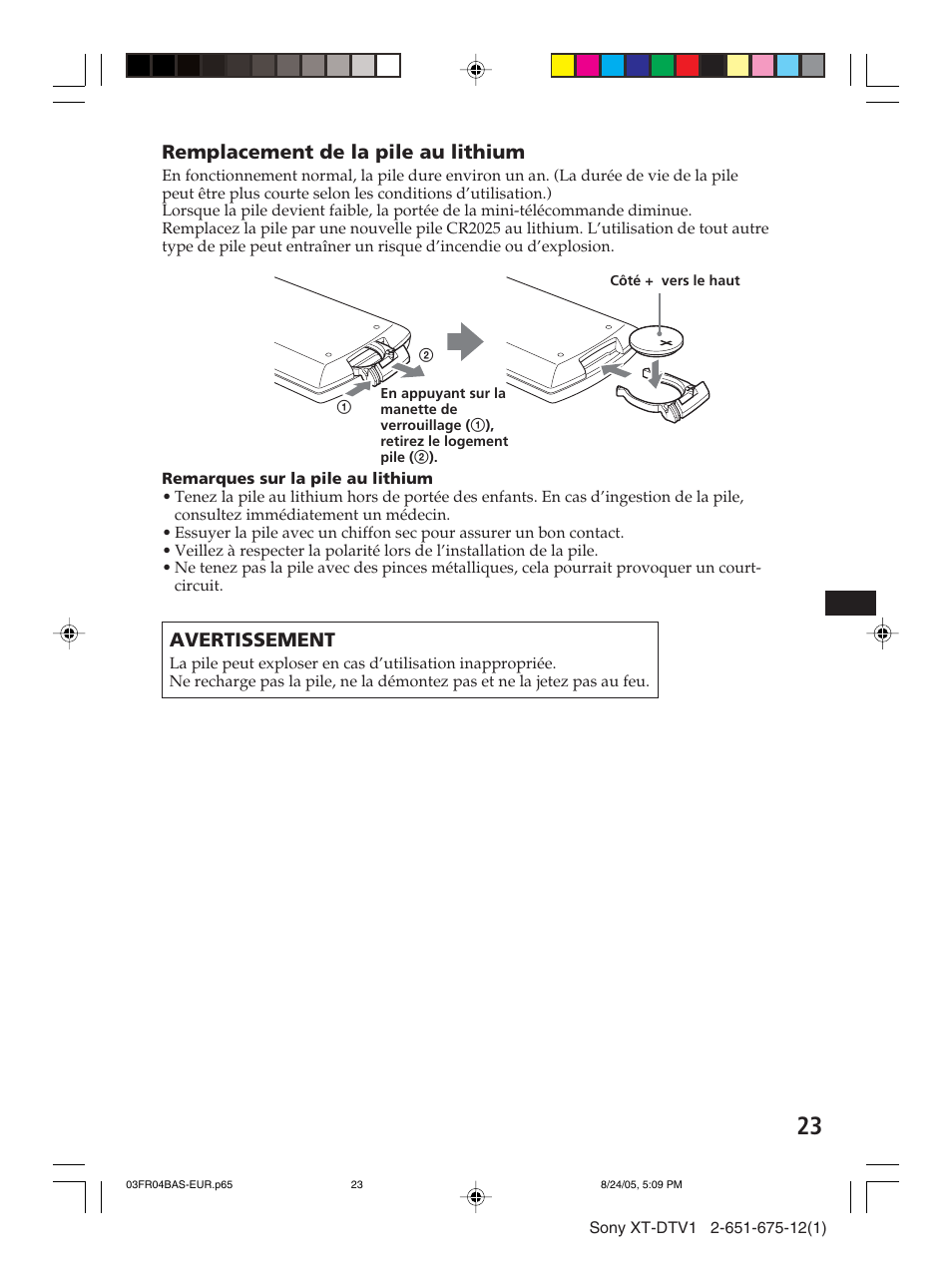 Remplacement de la pile au lithium, Avertissement | Sony XT-DTV1 User Manual | Page 71 / 123