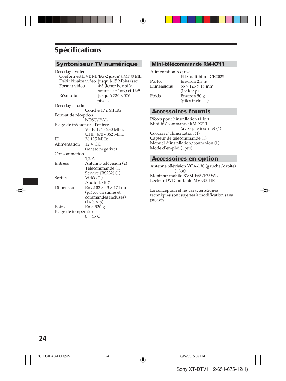 Spécifications, Syntoniseur tv numérique, Accessoires fournis | Accessoires en option | Sony XT-DTV1 User Manual | Page 72 / 123