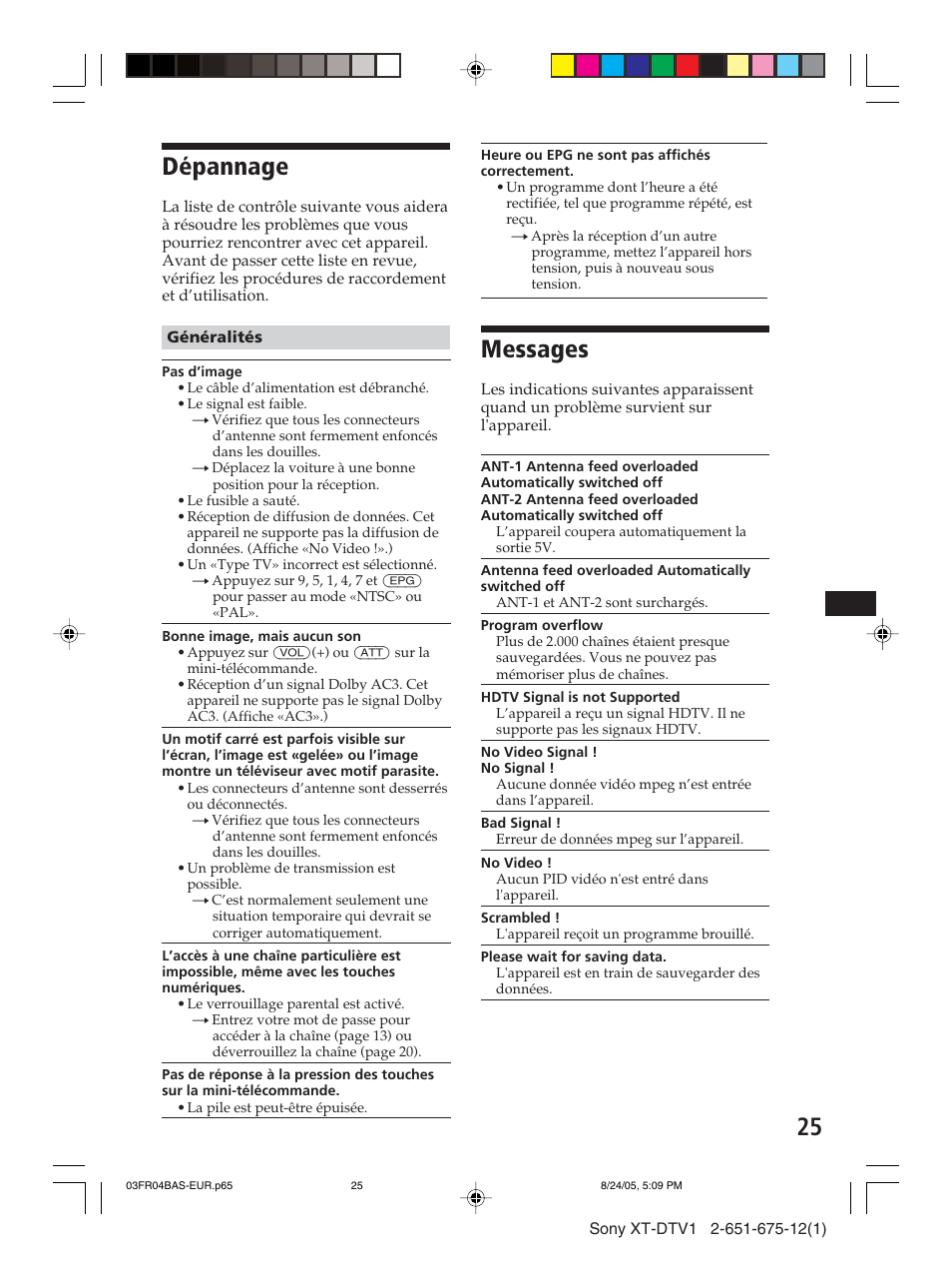 Dépannage, Messages | Sony XT-DTV1 User Manual | Page 73 / 123