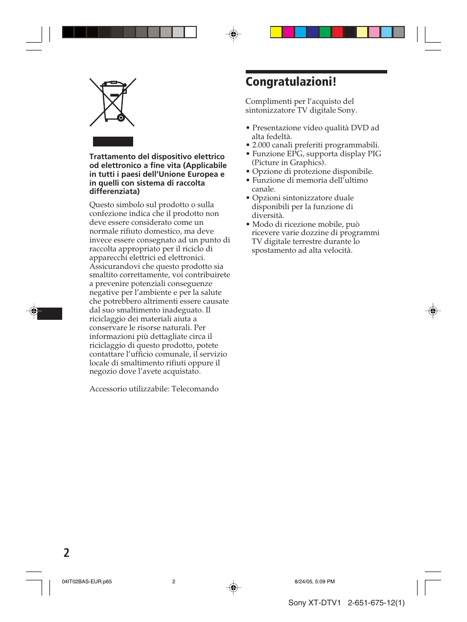 Congratulazioni | Sony XT-DTV1 User Manual | Page 74 / 123