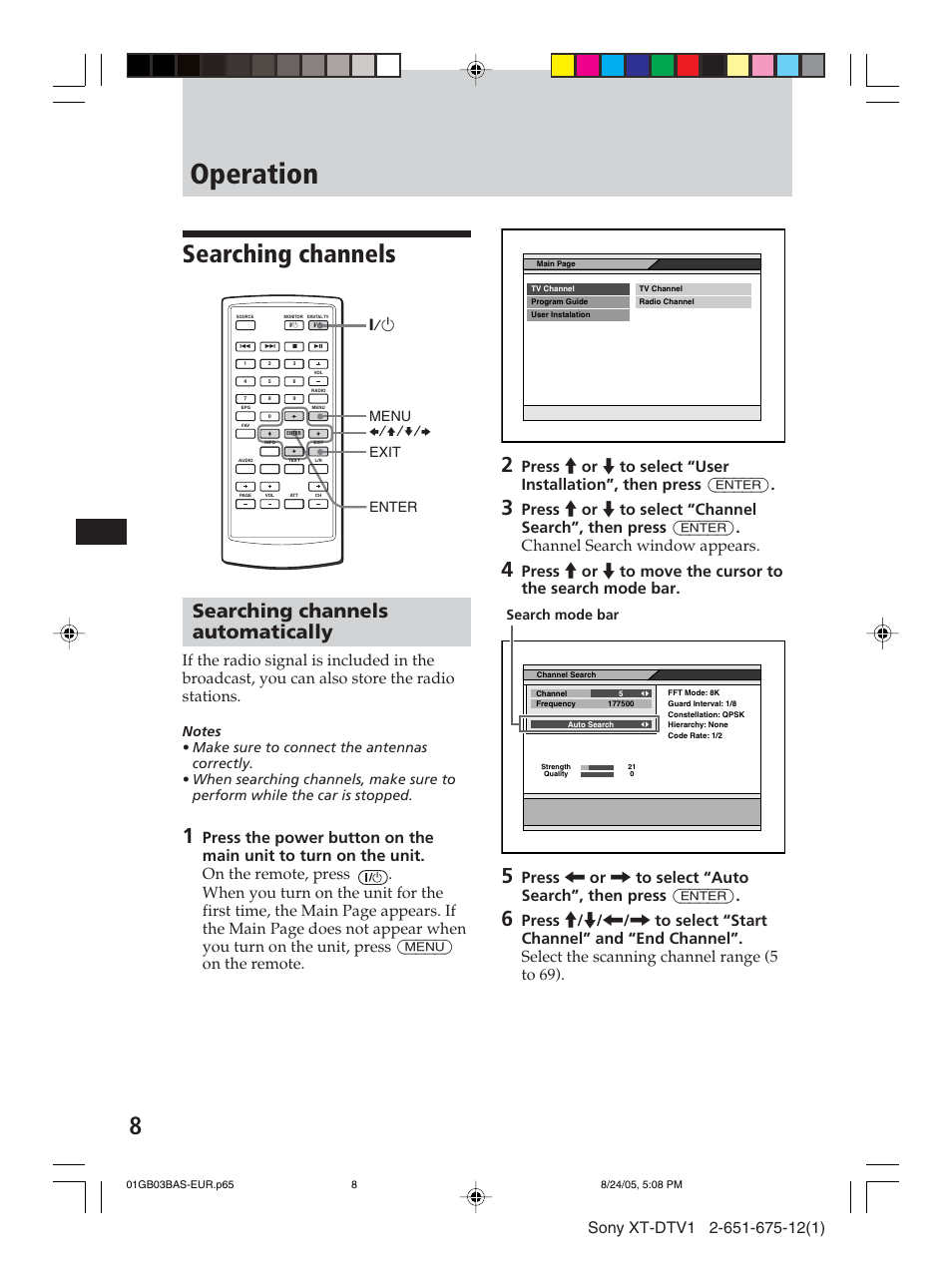 Operation, Searching channels, Searching channels automatically | 1 menu exit enter b/v/v/b, Search mode bar | Sony XT-DTV1 User Manual | Page 8 / 123