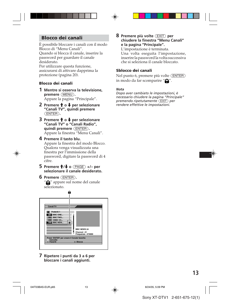 Blocco dei canali | Sony XT-DTV1 User Manual | Page 85 / 123