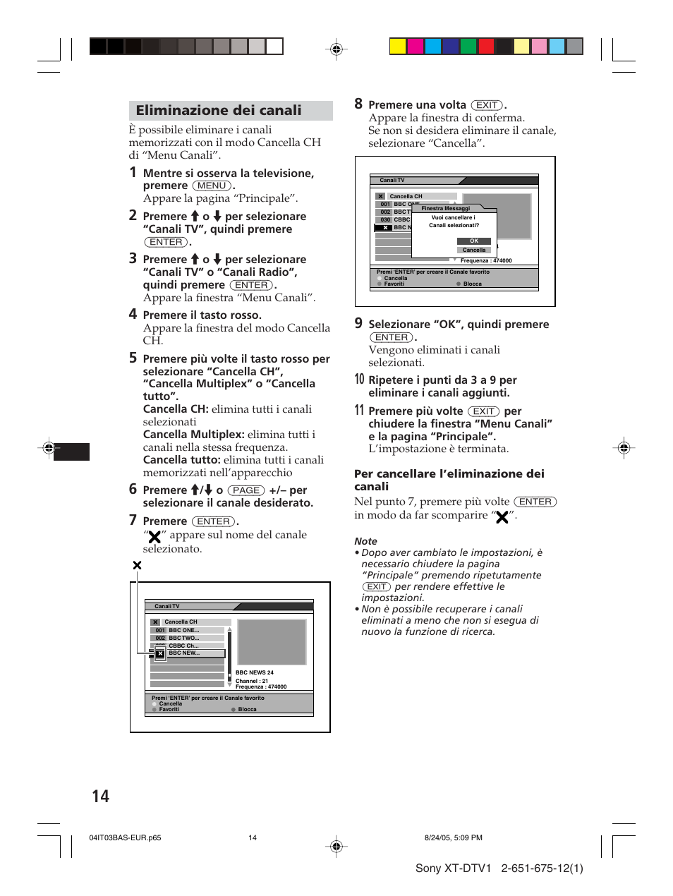 Eliminazione dei canali | Sony XT-DTV1 User Manual | Page 86 / 123