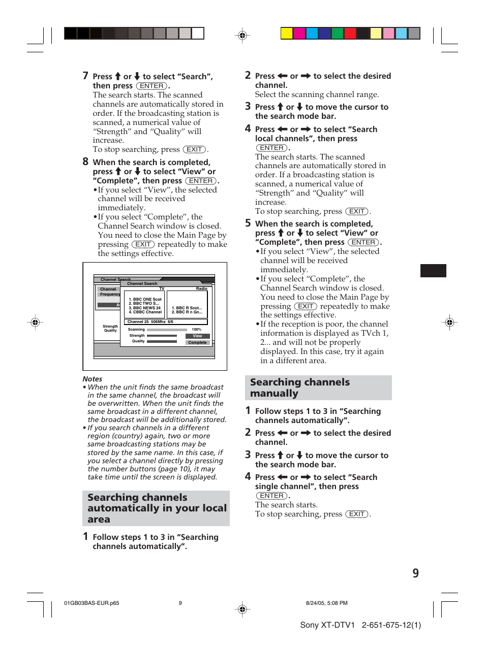 Searching channels manually | Sony XT-DTV1 User Manual | Page 9 / 123