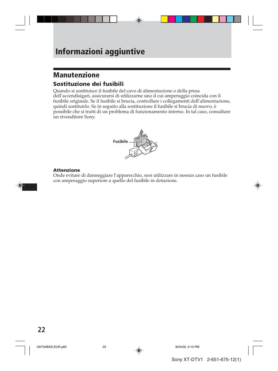 Informazioni aggiuntive, Manutenzione | Sony XT-DTV1 User Manual | Page 94 / 123