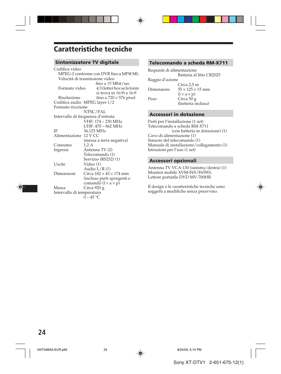 Caratteristiche tecniche | Sony XT-DTV1 User Manual | Page 96 / 123