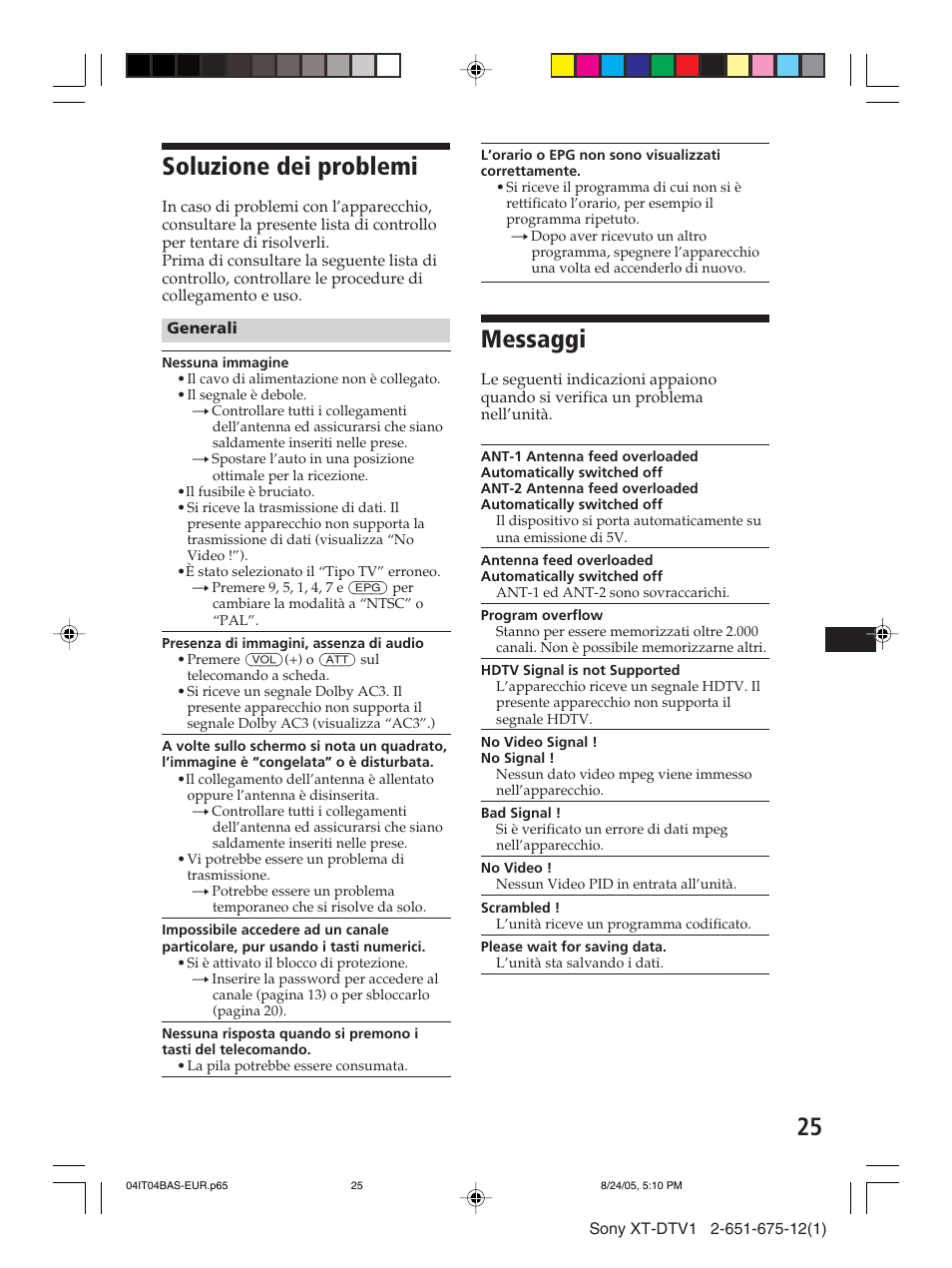 Soluzione dei problemi, Messaggi | Sony XT-DTV1 User Manual | Page 97 / 123