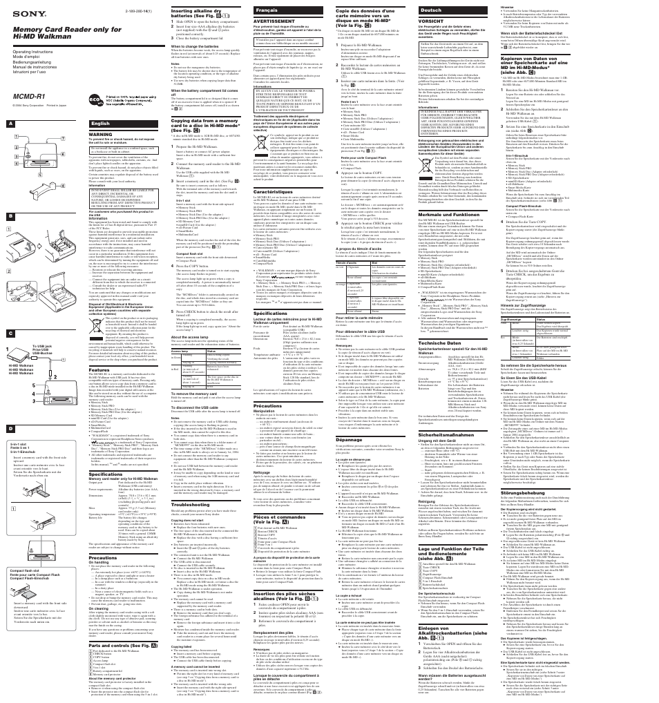 Sony Hi-MD Walkman MCMD-R1 User Manual | 2 pages