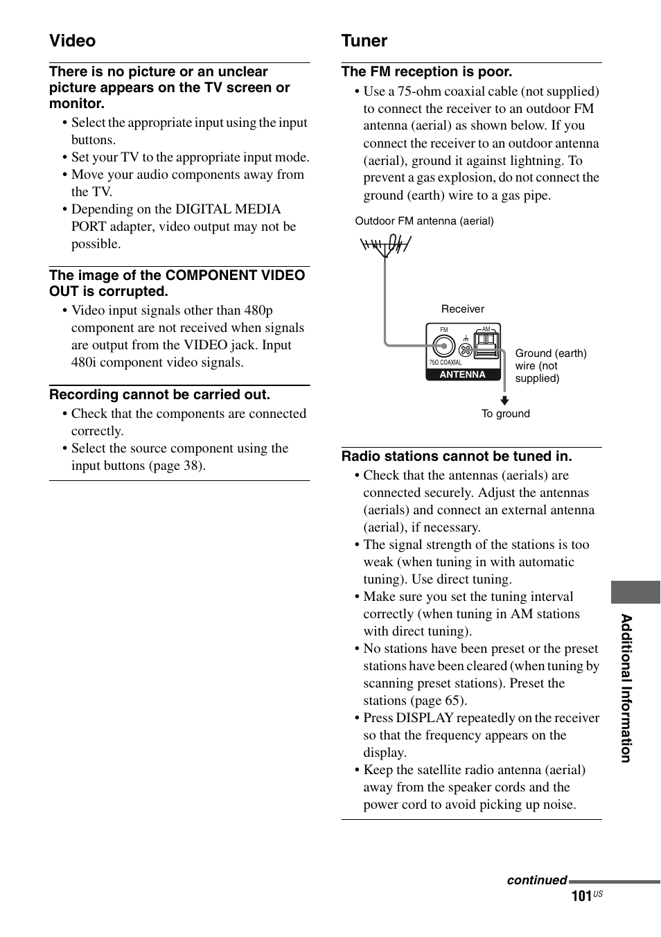 Video, Tuner | Sony STR-DG820 User Manual | Page 101 / 108