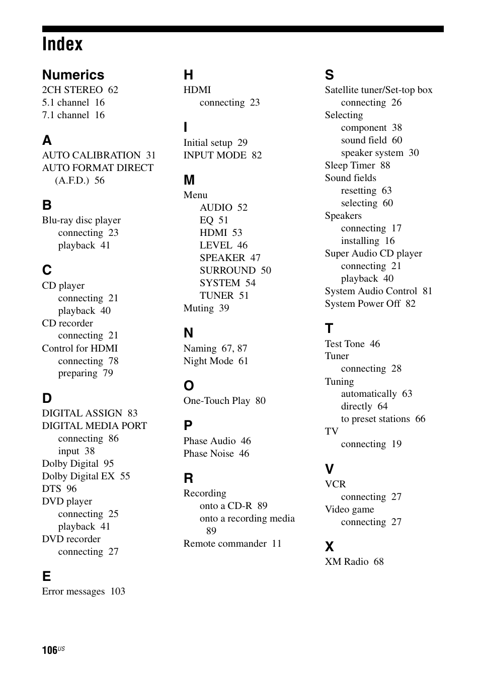 Index, Numerics | Sony STR-DG820 User Manual | Page 106 / 108