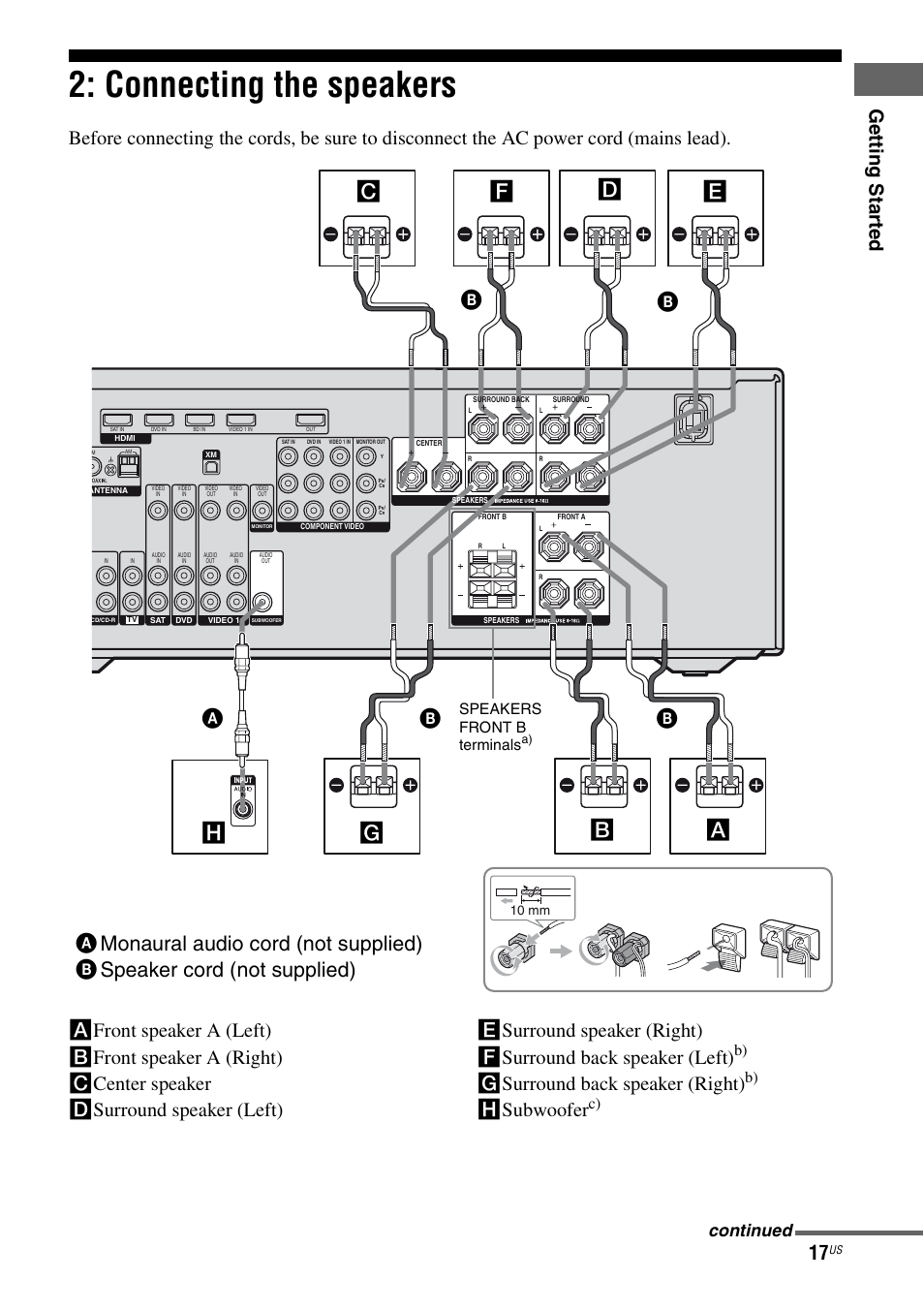 Connecting the speakers, Db c b b, Ge tting star te d | Gsurround back speaker (right), Hsubwoofer, Continued, Speakers front b terminals | Sony STR-DG820 User Manual | Page 17 / 108